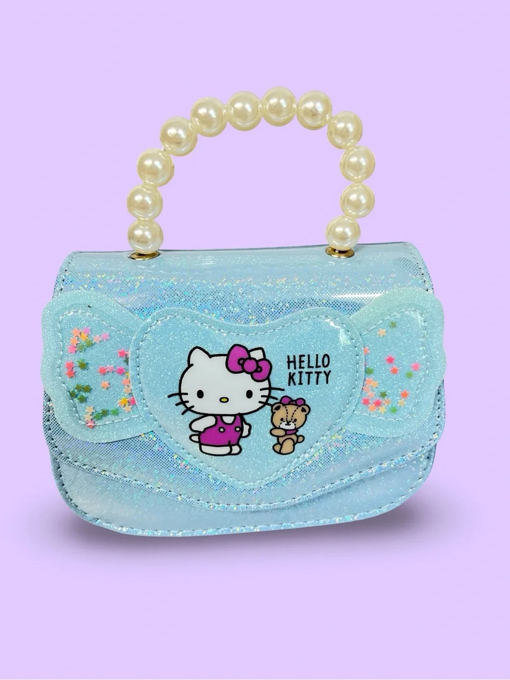 Hello Kitty Light Blue Sparkle Kids Purse Pearl Handle & Beaded kids necklace